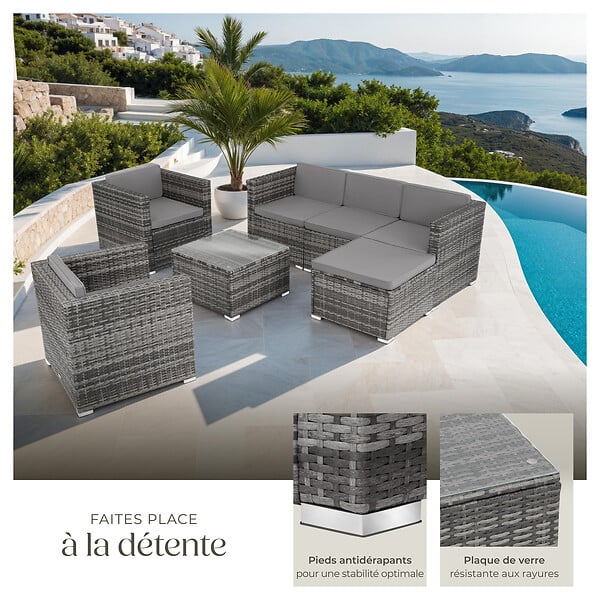 TECTAKE - Salon en rotin Lignano avec 2 fauteuils gris - large