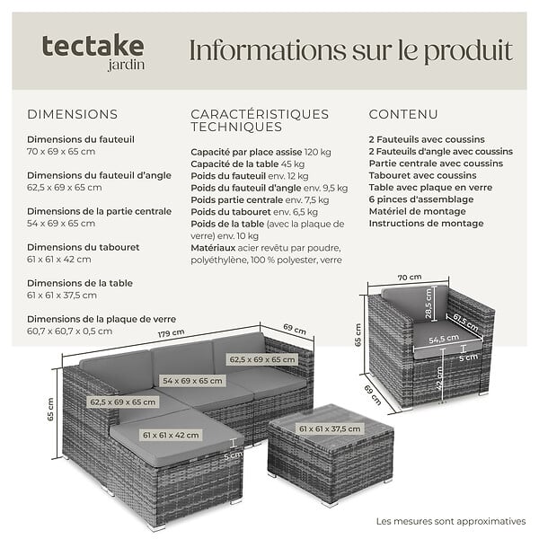 TECTAKE - Salon en rotin Lignano avec 2 fauteuils gris - large