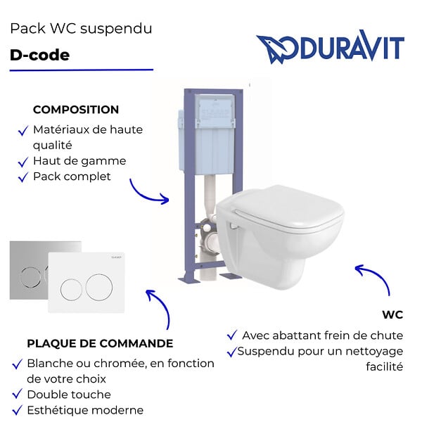 DURAVIT - Pack WC suspendu D-code avec abattant + bati support + Plaque de commande chromée - large