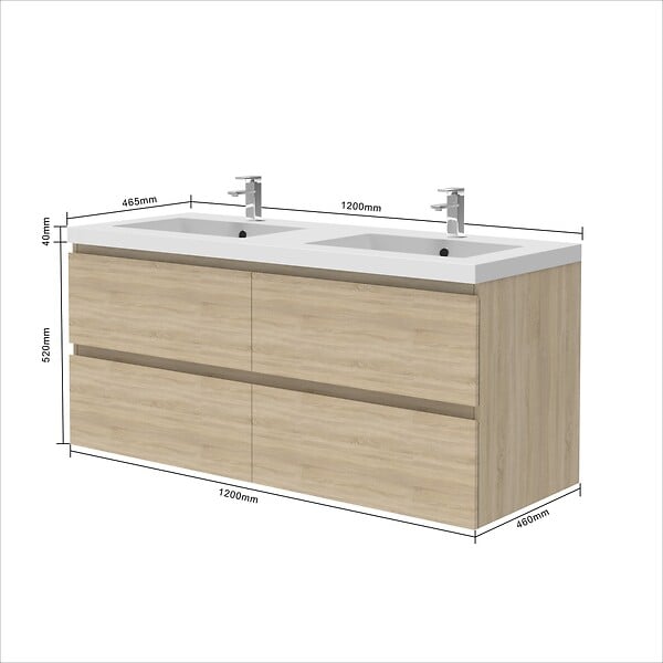 AICA SANITAIRE - Meuble de salle de bain avec double vasque chêne, 120 cm meuble chêne avec lavabo meuble à 4 tiroirs - large