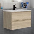AICA SANITAIRE - Ensemble meuble de salle de bain et lavabo chêne (L.80cm) 2 tiroirs + meuble haut*2 + lavabo + miroir LED - vignette