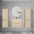 AICA SANITAIRE - Ensemble meuble de salle de bain et lavabo chêne ( L.60 cm) 2 tiroirs + meuble haut*2 + lavabo + miroir rond LED - vignette