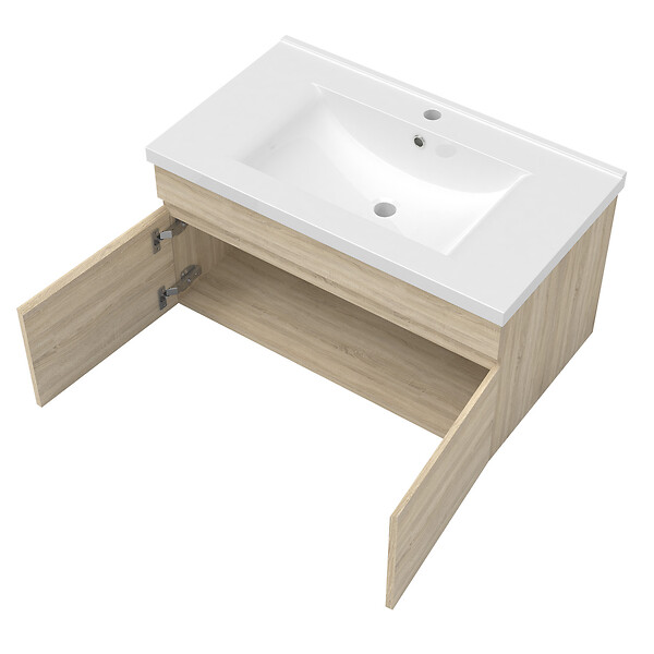 AICA SANITAIRE - Ensemble de meuble de salle de bain chêne clair 79.5cm+Vasque+Miroir+Colonne meuble salle de bain-Armoire de rangement-Meubles-lavabos - large