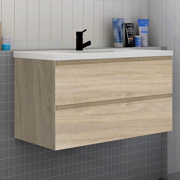 AICA SANITAIRE - Ensemble meuble de salle de bain et lavabo chêne (L.100cm) 2 tiroirs + meuble haut*2 + lavabo + miroir LED - large