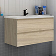 AICA SANITAIRE - Ensemble meuble de salle de bain et lavabo chêne (L.100cm) 2 tiroirs + meuble haut*2 + lavabo + miroir LED - vignette