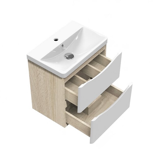 AICA SANITAIRE - AICA Meuble de salle de bain 50cm avec 2 tiroirs, suspendu Blanc + Chêne - large