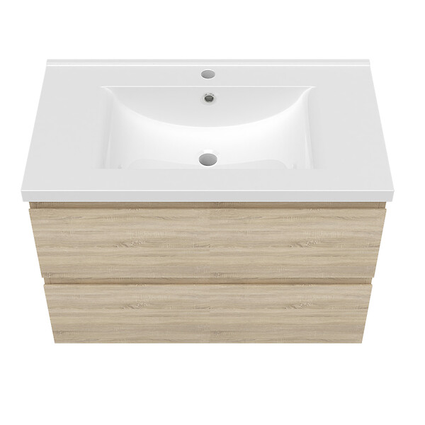 AICA SANITAIRE - AICA Ensemble meuble vasque L.79cm chêne 2 tiroirs + colonne + lavabo - large
