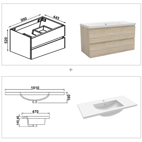 AICA SANITAIRE - Ensemble meuble de salle de bains 100cm, vasque + colonne + LED miroir,chêne - large