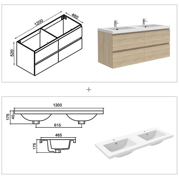 AICA SANITAIRE - Ensemble meuble de salle de bains 120cm vasque + colonne + miroir,chêne - large