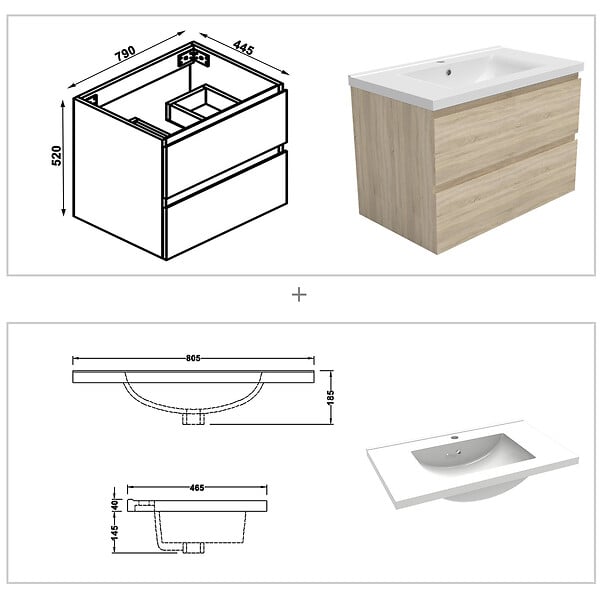 AICA SANITAIRE - Ensemble meuble Salle de Bain 80cm avec colonne + miroir lumineux dimmable chêne wotan - large