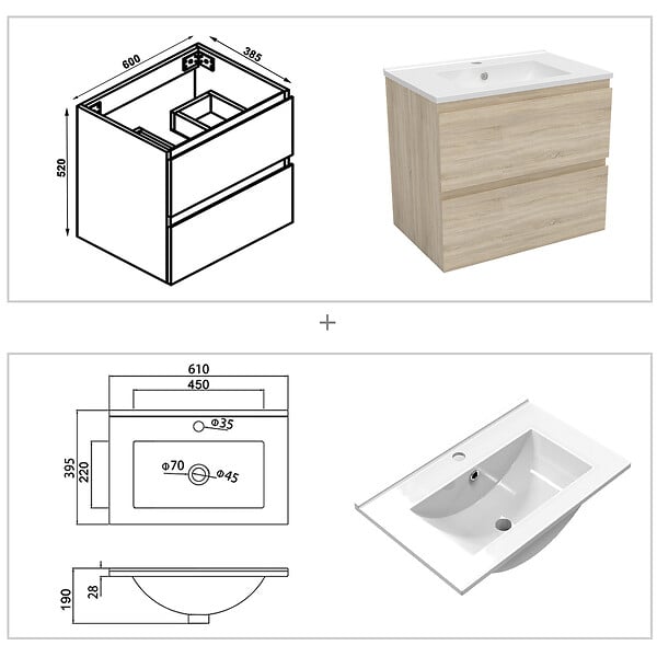 AICA SANITAIRE - Meuble Salle de Bain 60cm Chêne Wotan simple vasque et miroir lumineux 3 couleurs et dimmable - large