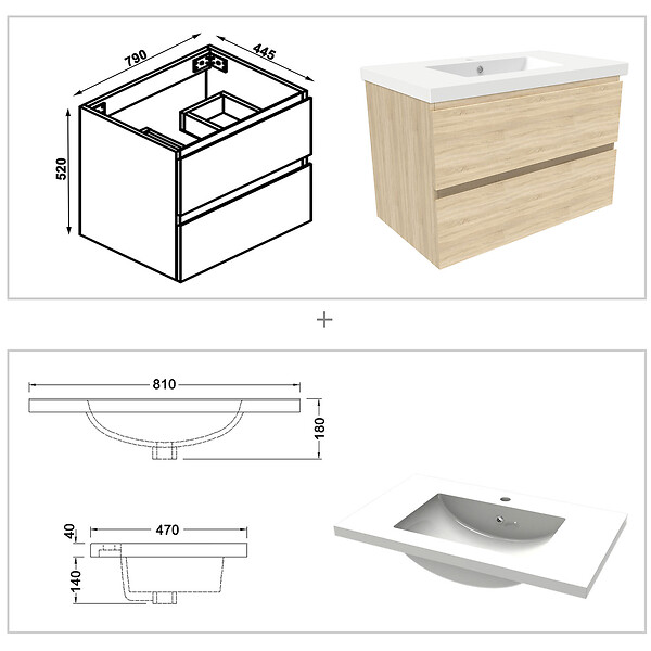 AICA SANITAIRE - Ensemble meubles Salle de Bain 80cm vasque + miroir lumineux Chêne Wotan - large