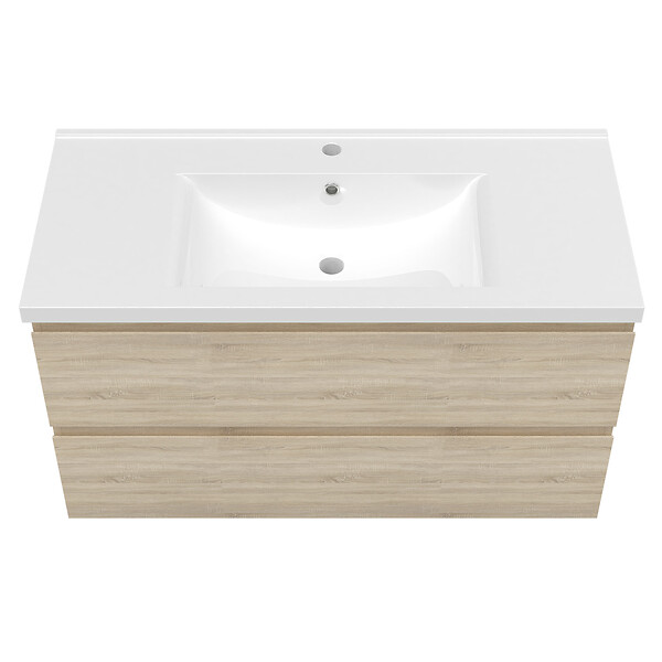 AICA SANITAIRE - Ensemble meuble Salle de Bain 100cm avec simple vasque et colonne et miroir lumineux dimmable chêne wotan - large