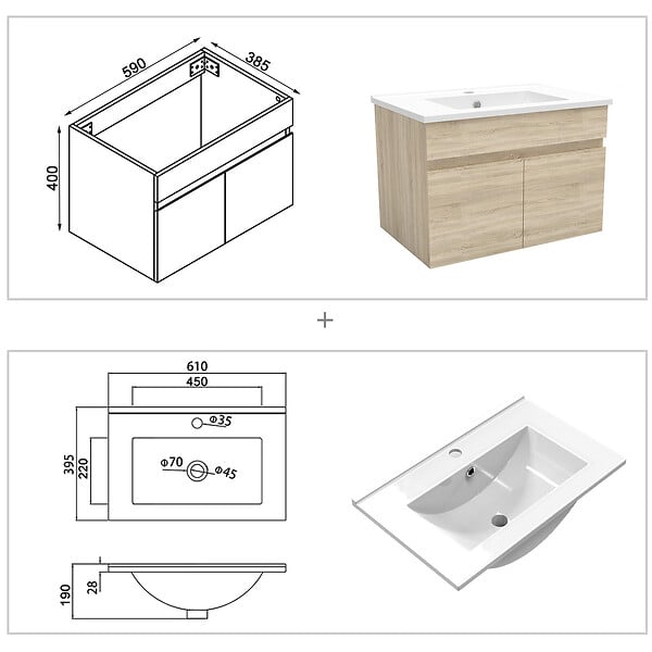 AICA SANITAIRE - Meuble simple vasque 60cm avec colonne et miroir lumineux chêne wotan - large