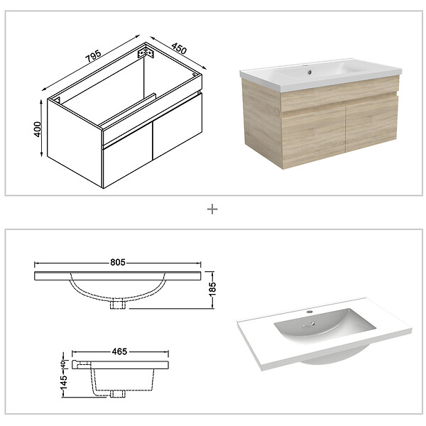 AICA SANITAIRE - Meuble simple vasque 80cm avec colonne et miroir lumineux 3 couleurs et dimmable chêne wotan - large