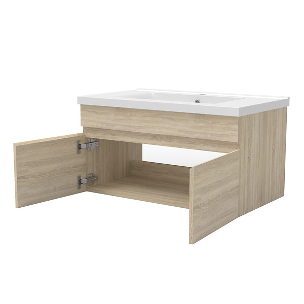 AICA SANITAIRE - Meuble simple vasque 60cm avec colonne et miroir lumineux 3 couleurs et dimmable chêne wotan - large