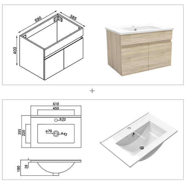 AICA SANITAIRE - Meuble simple vasque 60cm avec colonne et miroir lumineux 3 couleurs et dimmable chêne wotan - large