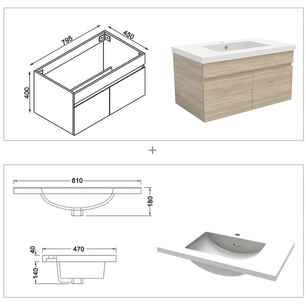AICA SANITAIRE - Meubles simple vasque 80cm vasque + miroir 3 couleurs lumineux Chêne Wotan - large