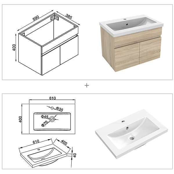 AICA SANITAIRE - Meubles simple vasque 60cm vasque + miroir lumineux Chêne Wotan - large