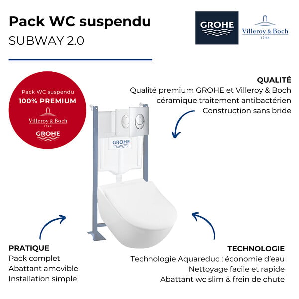 VILLEROY ET BOCH - Pack WC suspendu sans bride  Subway 2.0 + abattant + plaque blanche + bâti Grohe - large