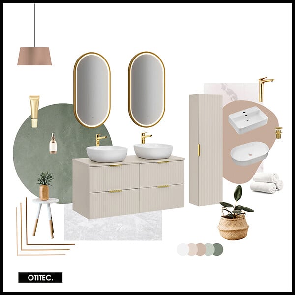 OTITEC - Ensemble meuble de salle de bain de 120 cm - avec plan - avec 2 vasques -  avec colonne - LIVA CASHMERE - large