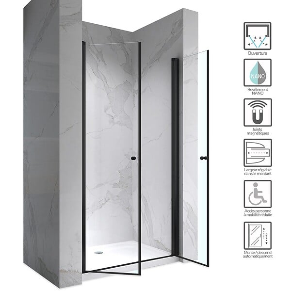 SANIVERRE - GINA-BLACK Porte de douche battante H.180 x L. 76 à 80 cm verre transparent anticalcaire - large