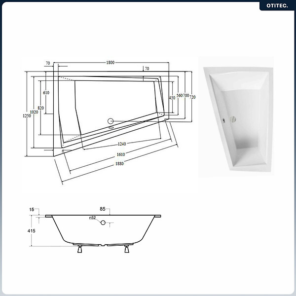 BESCO - Baignoire asymétrique - 180 x 125 cm - Gauche - sans Habillage - avec Pieds - Vidage Chrome - INTIMA DUO SLIM - large