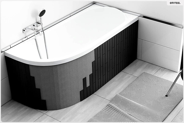 BESCO - Baignoire asymétrique - 160 x 75 cm - Droite - avec Habillage - Pieds - Vidage Chrome - AVITA SLIM - large