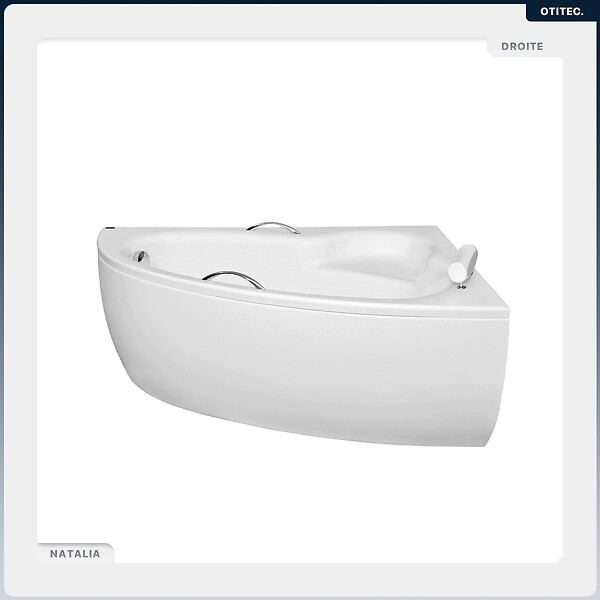 BESCO - Baignoire asymétrique - 150 x 100 cm - Droite - sans Habillage - avec Pieds - Poignées - Repose-tête - Vidage Chrome - NATALIA PREMIUM - large