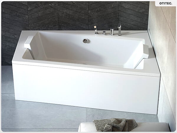 BESCO - Baignoire asymétrique - 160 x 100 cm - Droite - avec Tablier Blanc - Pieds - Vidage Chrome - INFINITY - large
