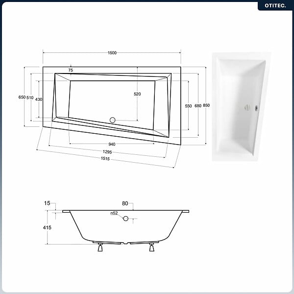 BESCO - Baignoire asymétrique - 150 x 85 cm - Droite - avec Habillage - Pieds - Vidage Chrome - INTIMA SLIM - large