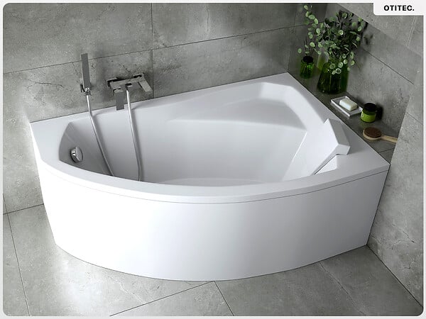 BESCO - Baignoire asymétrique - 130 x 85 cm - Droite - sans Habillage - avec Pieds - Repose-tête - Vidage Chrome - RIMA - large