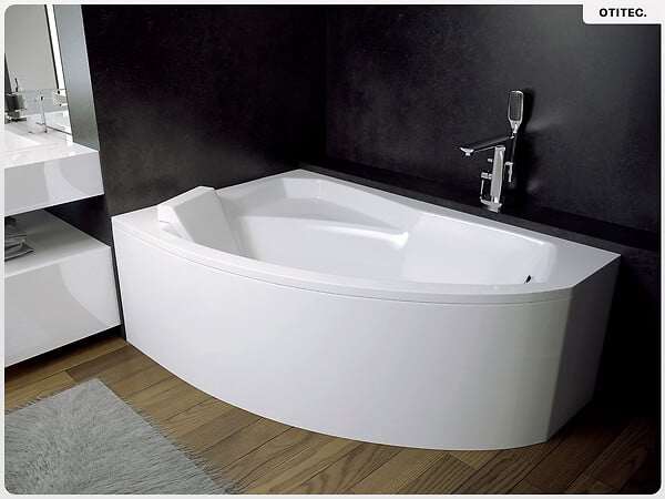BESCO - Baignoire asymétrique - 130 x 85 cm - Gauche - avec Tablier - Pieds - Vidage Chrome - RIMA - large