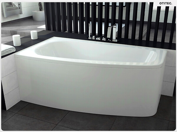 BESCO - Baignoire asymétrique - 150 x 80 cm - Gauche - avec Habillage - Pieds - Vidage Chrome - LUNA - large