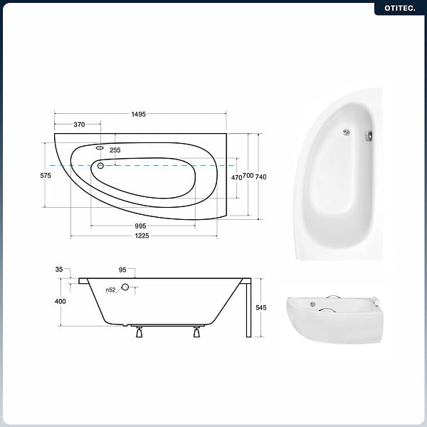BESCO - Baignoire asymétrique - 150 x 70 cm - Droite - sans Habillage - avec Pieds - Vidage Chrome - MILENA - large