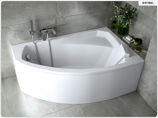 BESCO - Baignoire asymétrique - 160 x 100 cm - Droite - avec Tablier - Pieds - Repose-tête - Vidage Chrome - RIMA - large