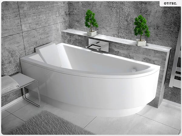 BESCO - Baignoire asymétrique - 150 x 70 cm - Gauche - avec Habillage - Pieds - Vidage Chrome - PRAKTIKA - large
