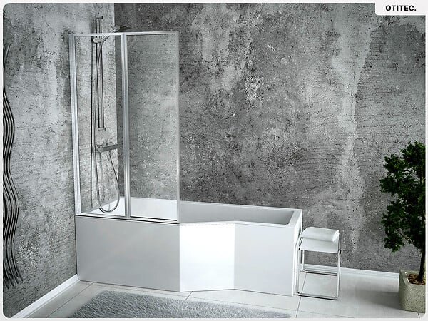 BESCO - Baignoire asymétrique - 170 x 75 cm - Gauche - avec Habillage - Pieds - Pare Baignoire 3 Volets - Vidage Chrome - INTEGRA - large