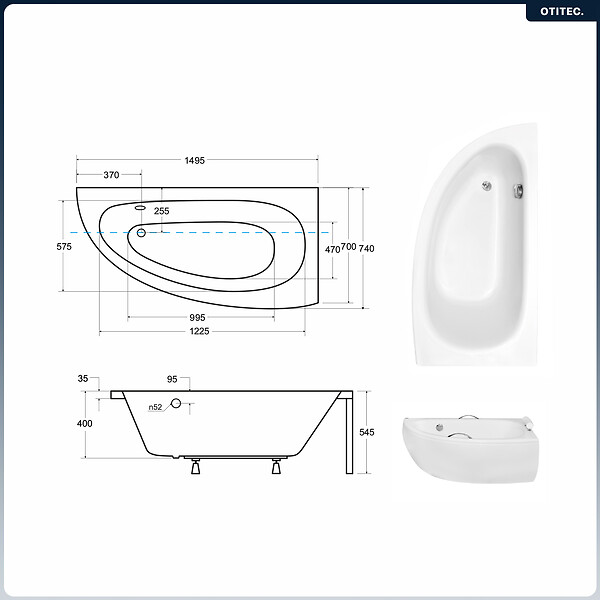 BESCO - Baignoire asymétrique - 150 x 70 cm - Droite - avec Tablier - Pieds - Vidage Chrome - MILENA - large