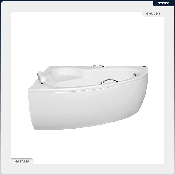BESCO - Baignoire asymétrique - 150 x 100 cm - Gauche - avec Habillage - Pieds - Poignées - Repose-tête - Vidage Chrome - NATALIA PREMIUM - large