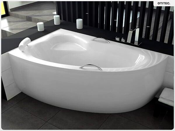 BESCO - Baignoire asymétrique - 150 x 100 cm - Gauche - avec Habillage - Pieds - Poignées - Repose-tête - Vidage Chrome - NATALIA PREMIUM - large