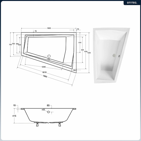 BESCO - Baignoire asymétrique - 180 x 125 cm - Droite - sans Habillage - avec Pieds - Vidage Chrome - INTIMA DUO SLIM - large