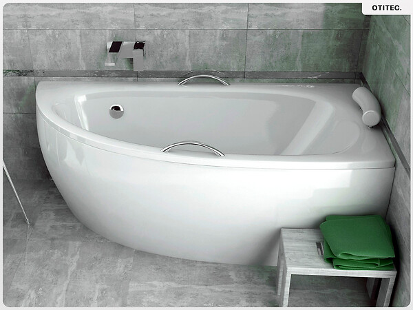 BESCO - Baignoire asymétrique - 150 x 70 cm - Droite - avec Tablier - Pieds - Poignées - Repose-tête - Vidage Chrome - MILENA PREMIUM - large