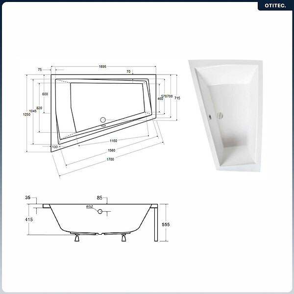 BESCO - Baignoire asymétrique - 170 x 125 cm - Gauche - sans Habillage - avec Pieds - Vidage Chrome - INTIMA DUO - large