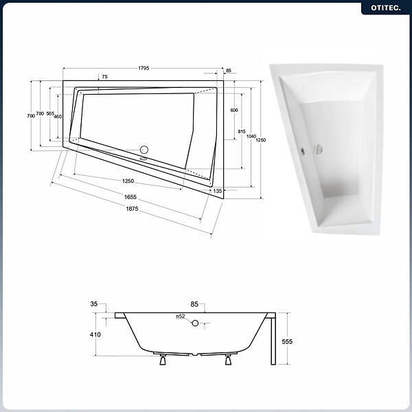 BESCO - Baignoire asymétrique - 180 x 125 cm - Gauche - sans Habillage - avec Pieds - Vidage Chrome - INTIMA DUO - large
