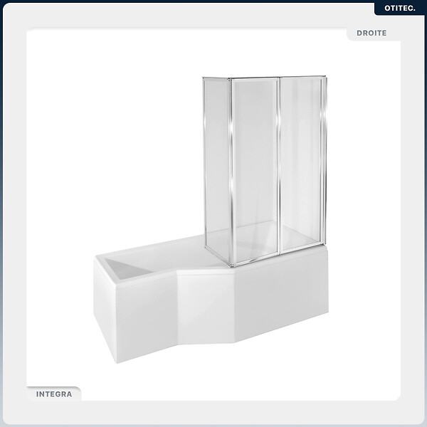BESCO - Baignoire asymétrique - 150 x 75 cm - Droite - sans Habillage - avec Pieds - Pare Baignoire 3 Volets - Vidage Chrome - INTEGRA - large