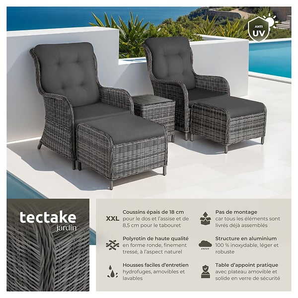 TECTAKE - Ensemble de salon en rotin et aluminium Benissa 2+2 gris tacheté/gris - large