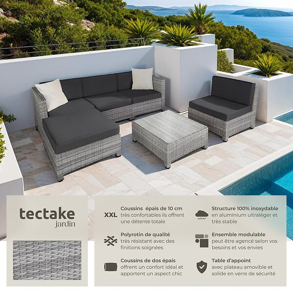 TECTAKE - Salon en rotin avec structure en aluminium, housses incluses en 2 couleurs gris clair - large