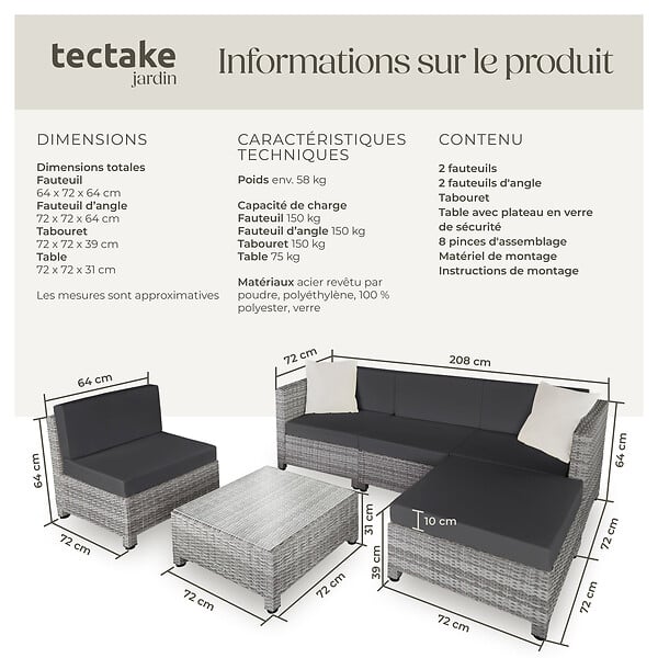 TECTAKE - Salon en rotin avec structure en aluminium, housses incluses en 2 couleurs gris clair - large