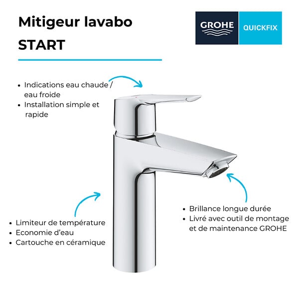GROHE - Mitigeur lavabo Quickfix Start 2021 avec vidage Push-Open taille M chromé + microfibre - large